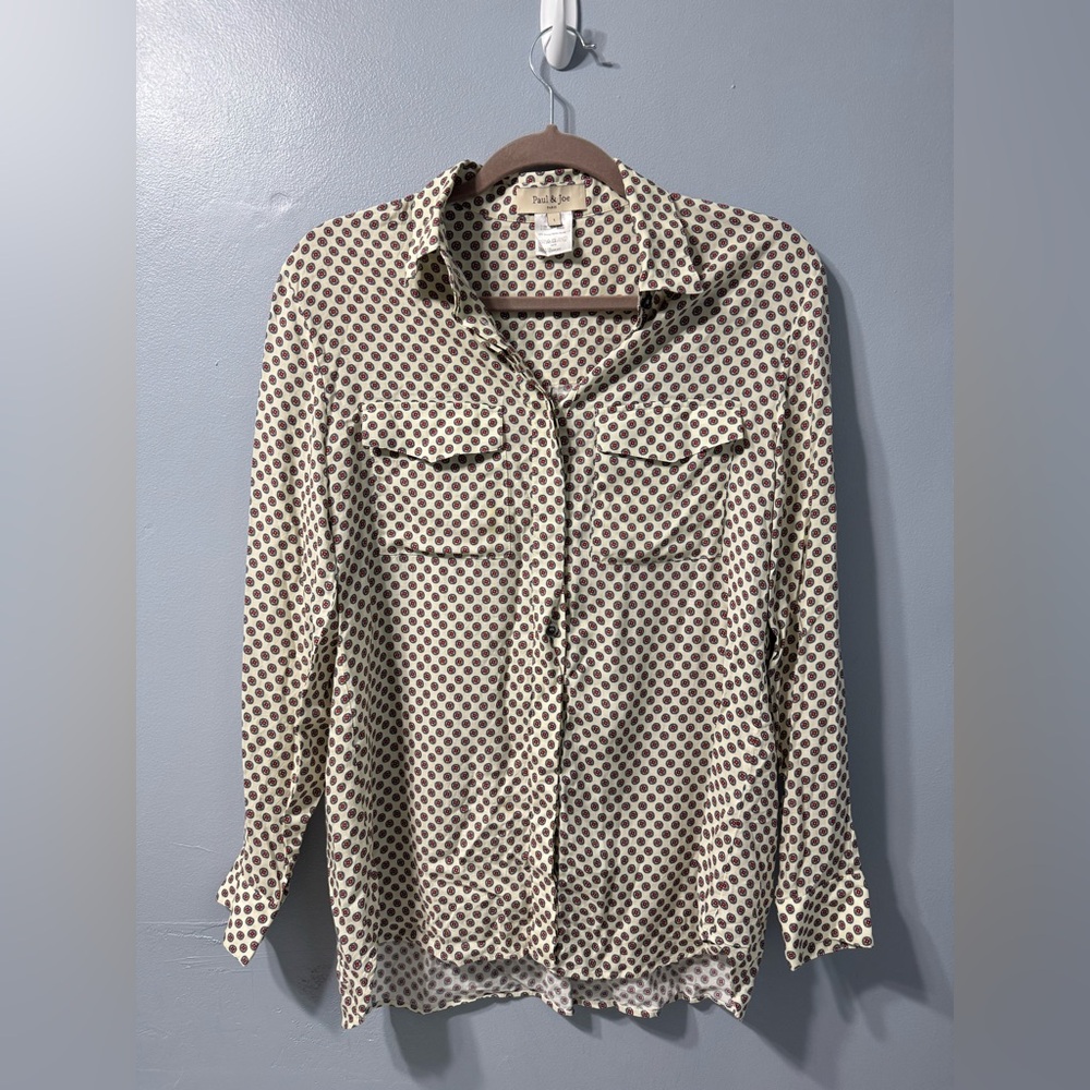 Paul & Joe Polka Dot Long Sleeve Blouse Cream Red Blue Women Size 1 XS